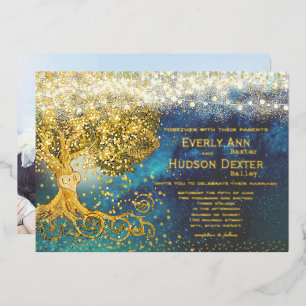 Foto auf hinteren Hain Blau & Gold Lichterkette Folieneinladung