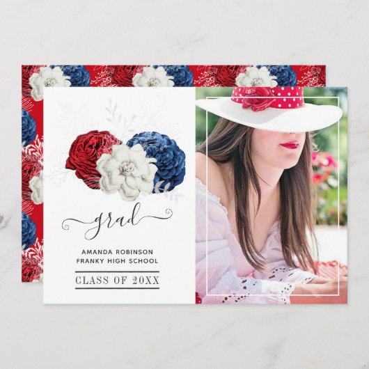 Foto aus Rot, Weiß und Blumen Abschluss Ankündigung (Vorne/Hinten)