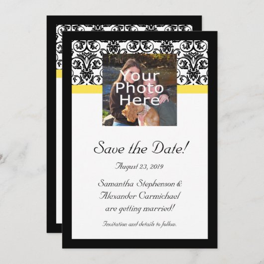 Foto aus schwarzem, weißem und gelbem Damast Save Save The Date (Vorne/Hinten)