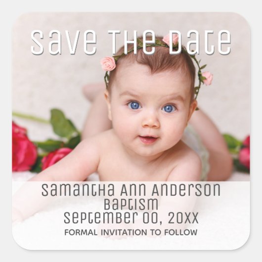 Foto Baby Ankündigung DIY Save the Date Quadratischer Aufkleber (Vorderseite)