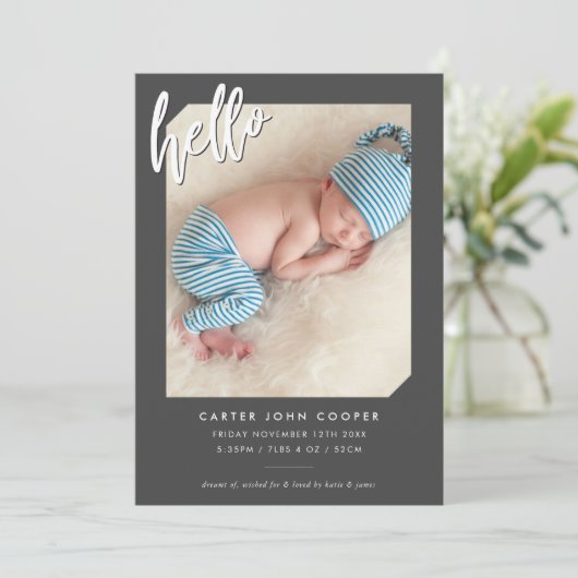 FOTO BABY ANNOCEMENT Modernes hello Skript grau Ankündigung (Stehend Vorderseite)