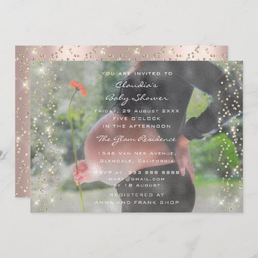Foto Baby Dusche Geburtstag Rose Gold Confetti Einladung (Vorne/Hinten)