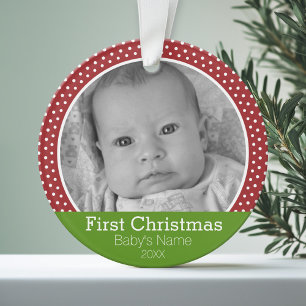 Foto Baby erstes Weihnachten grüne/rote Tupfen Ornament