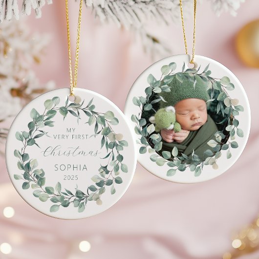 Foto Baby First Christmas Eucalyptus Wreath Keramik Ornament