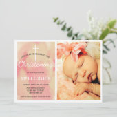 Foto Baby Girl Christening, Aquarellpinke Einladung (Stehend Vorderseite)