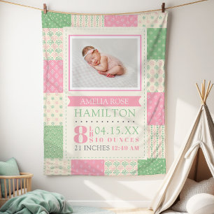 Foto Baby Pink und Green Birth Stats Fleecedecke