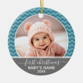 Foto Babys Erste Weihnachten - blaue Chevronen gra Keramik Ornament (Vorne)