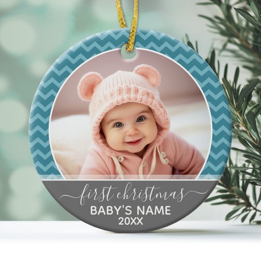 Foto Babys Erste Weihnachten - blaue Chevronen gra Keramik Ornament