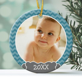 Foto Babys Erste Weihnachten - blaue Chevronen gra Ornament Aus Metall