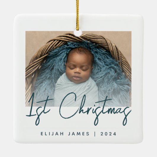 Foto Baby's First Christmas Aquamarin Blue Script Keramikornament (Rückseite)