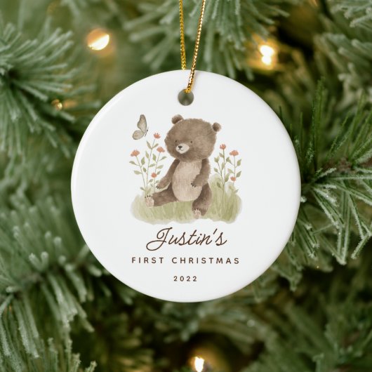 Foto Baby's First Christmas Bear Keramik Ornament (Baum)