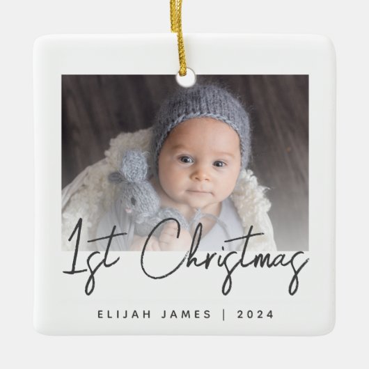 Foto Baby's First Christmas Gray Script Keramik Keramikornament (Vorderseite)