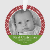 Foto Baby's First Christmas green/red polka Punkte Ornament (Vorderseite)