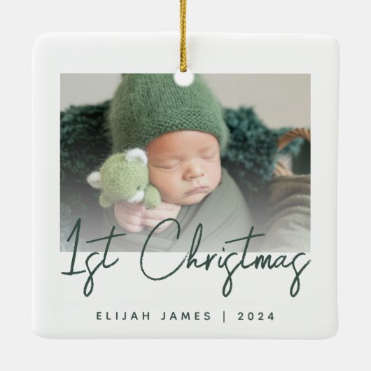 Foto Baby's First Christmas Green Script Keramikornament (Rückseite)