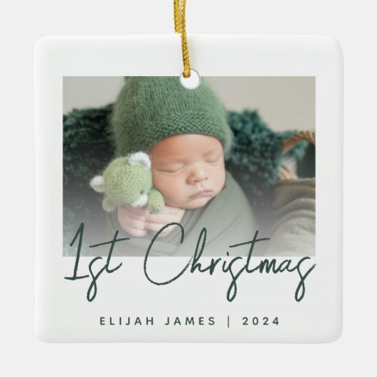 Foto Baby's First Christmas Green Script Keramikornament (Vorderseite)