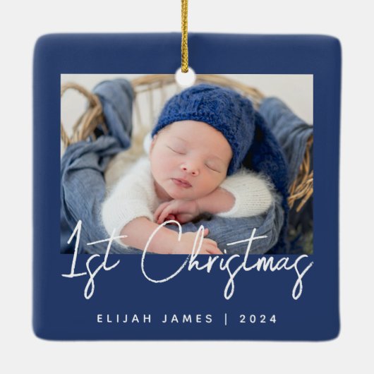 Foto Baby's First Christmas Navy Blue White Keramikornament (Rückseite)