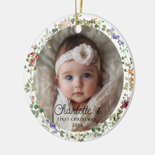 Foto Baby's First Christmas - Niedlicher Blumenkra Keramik Ornament (Links)