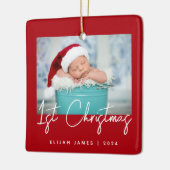 Foto Baby's First Christmas Red White Script Keramikornament (Links)
