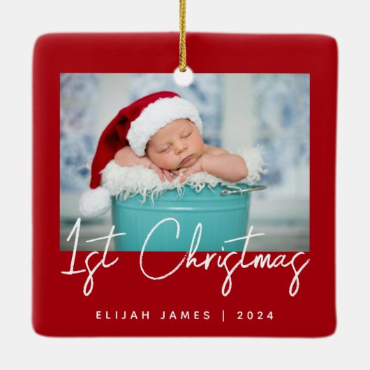 Foto Baby's First Christmas Red White Script Keramikornament (Rückseite)