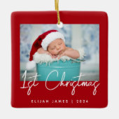 Foto Baby's First Christmas Red White Script Keramikornament (Vorderseite)