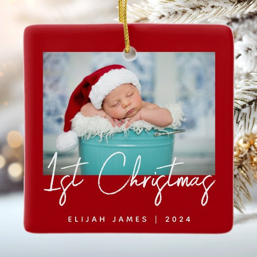 Foto Baby's First Christmas Red White Script Keramikornament