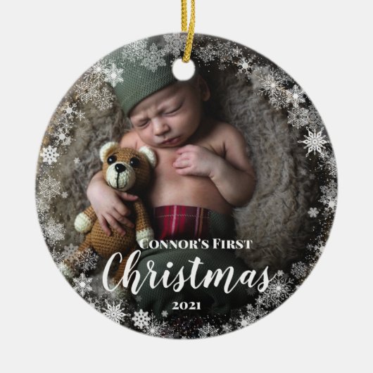 Foto Baby's Name First Christmas Snowflake Frame Keramik Ornament (Vorne)