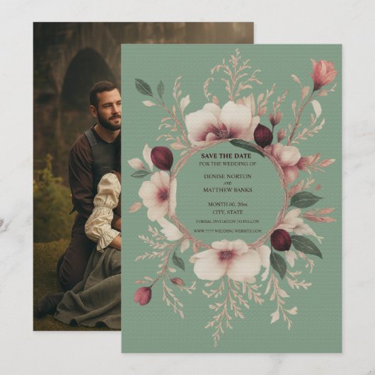 Foto Back Basil Green und Cream Floral Save The Date (Vorne/Hinten)