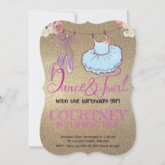 Foto Ballerina Gold Glitzer Einladung (Vorderseite)