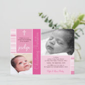 FOTO BAPTISM hübsch gestreiftes Essmuster rosa Einladung (Stehend Vorderseite)