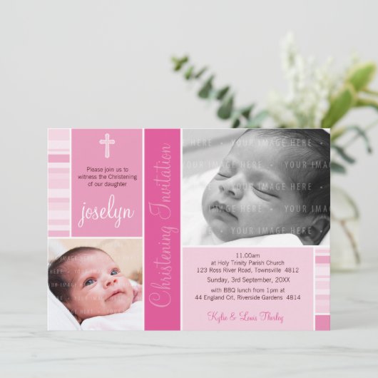 FOTO BAPTISM hübsch gestreiftes Essmuster rosa Einladung (Stehend Vorderseite)