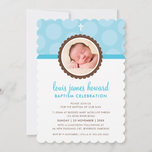 FOTO BAPTISM moderner Polster Dot Blauer Junge Einladung (Vorderseite)