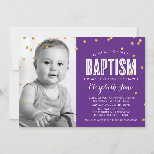 FOTO BAPTISM niedlichen Gold Glitzer Konfetti lila Einladung (Vorderseite)