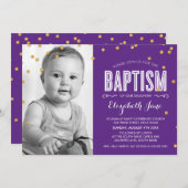 FOTO BAPTISM niedlichen Gold Glitzer Konfetti lila Einladung (Vorne/Hinten)
