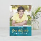 FOTO BAR MITZVAH aquamariner Blaugoldtyp Einladung (Stehend Vorderseite)