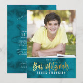 FOTO BAR MITZVAH aquamariner Blaugoldtyp Einladung (Vorne/Hinten)