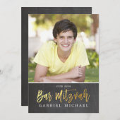 FOTO BAR MITZVAH Modernes Chalkboard Goldschrift Einladung (Vorne/Hinten)