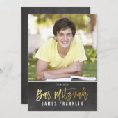 FOTO BAR MITZVAH Modernes Grauschalkpappgold Einladung (Vorne/Hinten)