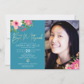 Foto Bat Mitzvah Blue Floral Watercolor Script Einladung (Vorderseite)