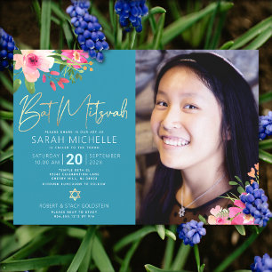 Foto Bat Mitzvah Blue Floral Watercolor Script Einladung