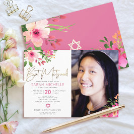 Foto Bat Mitzvah Floral Watercolor Gold Script Einladung