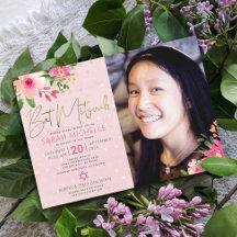 Foto Bat Mitzvah Pink Floral Watercolor Script