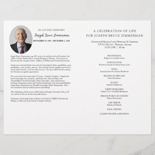 Foto-Beerdigung-Gedenkprogramm Bifold (Rückseite)