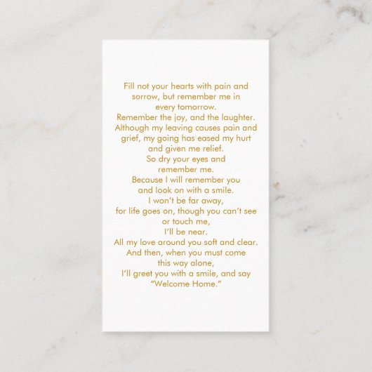 Foto Beerdigung Memorial Gold Script Gebetskarte Visitenkarte (Rückseite)