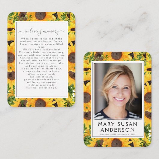Foto-Beerdigungskarte für Sonnenblumen Visitenkarte (Vorne/Hinten)