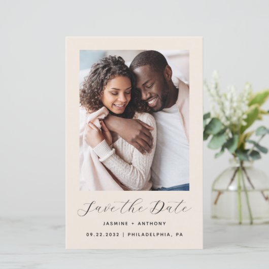 Foto Beige QR Save the Date (Stehend Vorderseite)