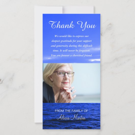 Foto-Beileids-Denkmal danken Ihnen Ozean-Himmel Dankeskarte (Vorderseite)