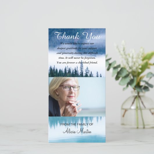 Foto-Beileids-Denkmal danken Ihnen See-Reflexion Dankeskarte (Stehend Vorderseite)