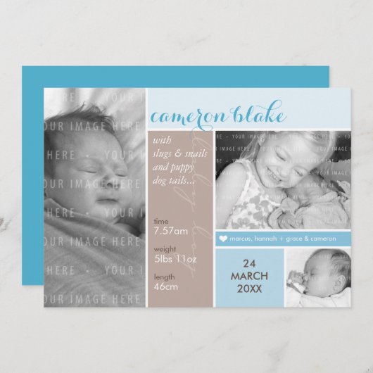 FOTO BIRTH ANNOUNCEMENT mondrischer Junge blau Ankündigung (Vorne/Hinten)