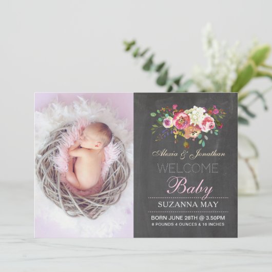 Foto Birth Announction Baby Girl Stats Cards Ankündigung (Stehend Vorderseite)