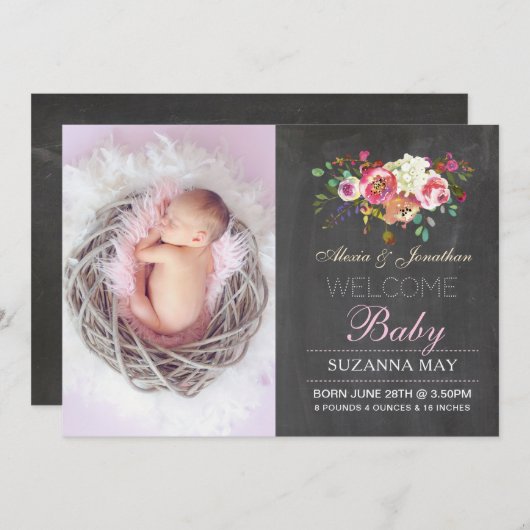 Foto Birth Announction Baby Girl Stats Cards Ankündigung (Vorne/Hinten)